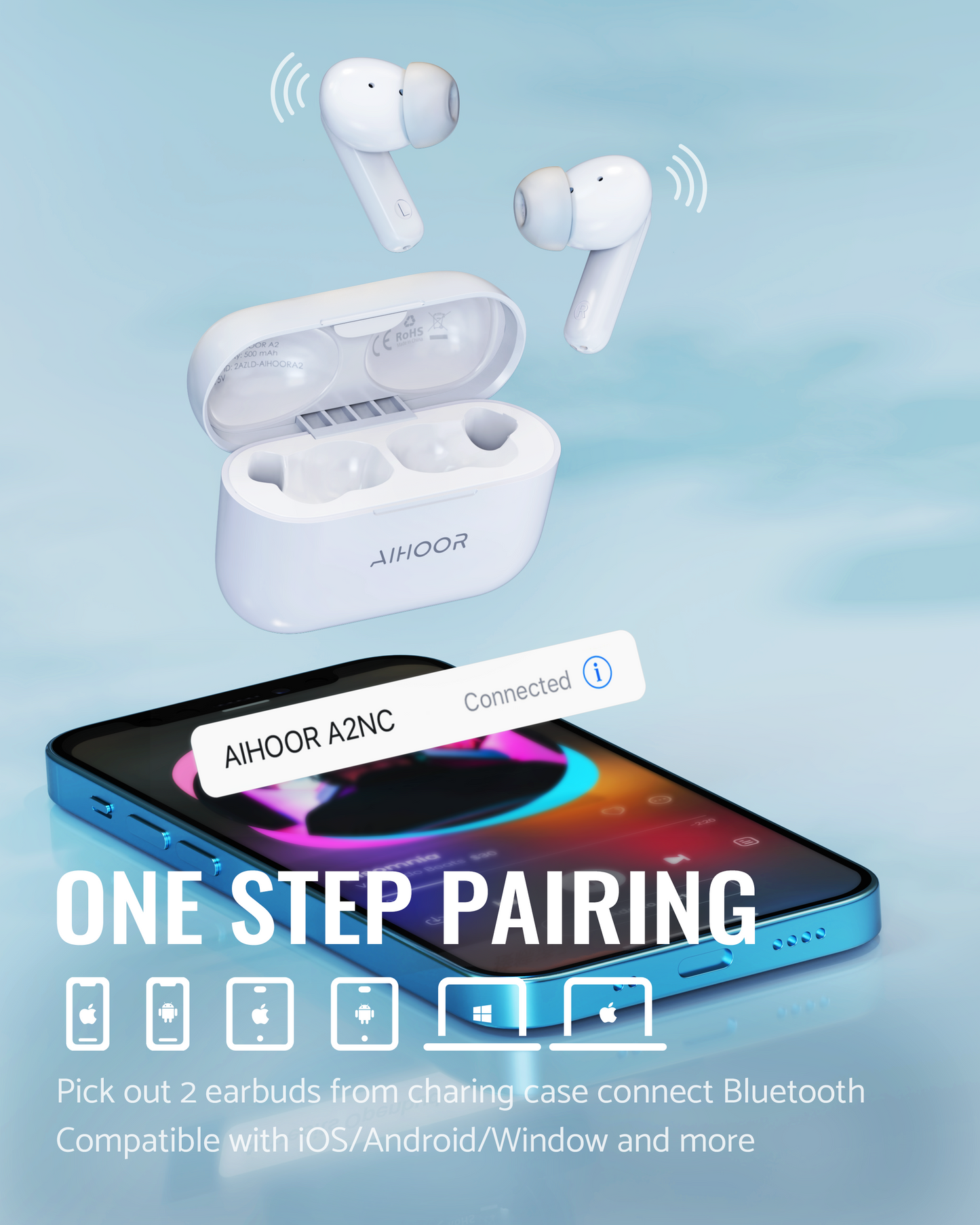 AIHOOR A2 Pro - Wireless Earbuds with ANC&ENC&Wireless Charging, Bluetooth 5.2 in-Ear Headphones with Extra Bass,White