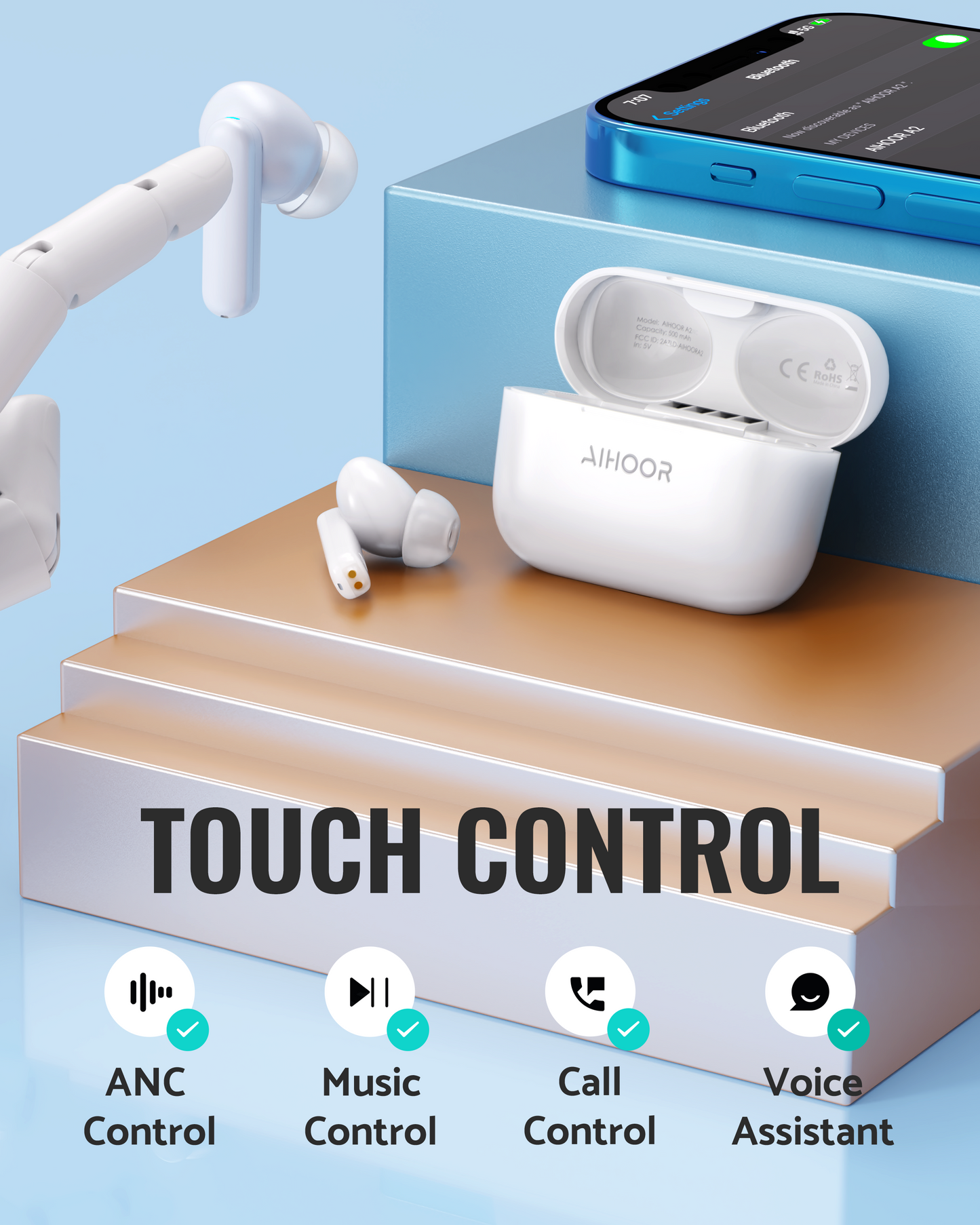 AIHOOR A2 Pro - Wireless Earbuds with ANC&ENC&Wireless Charging, Bluetooth 5.2 in-Ear Headphones with Extra Bass,White