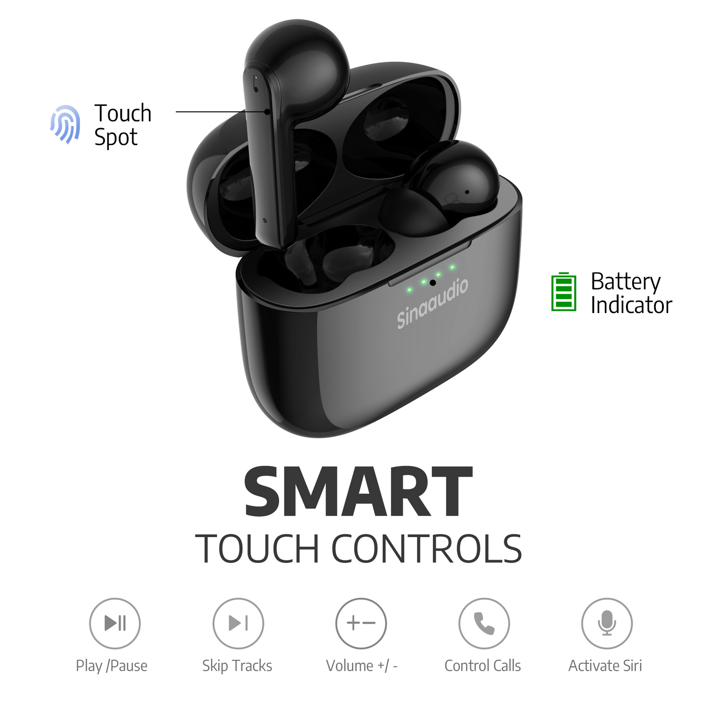 SINAAUDIO S1 - Wireless In-Ear Earbuds with Active Noise Cancellation (ANC) and Charging Case